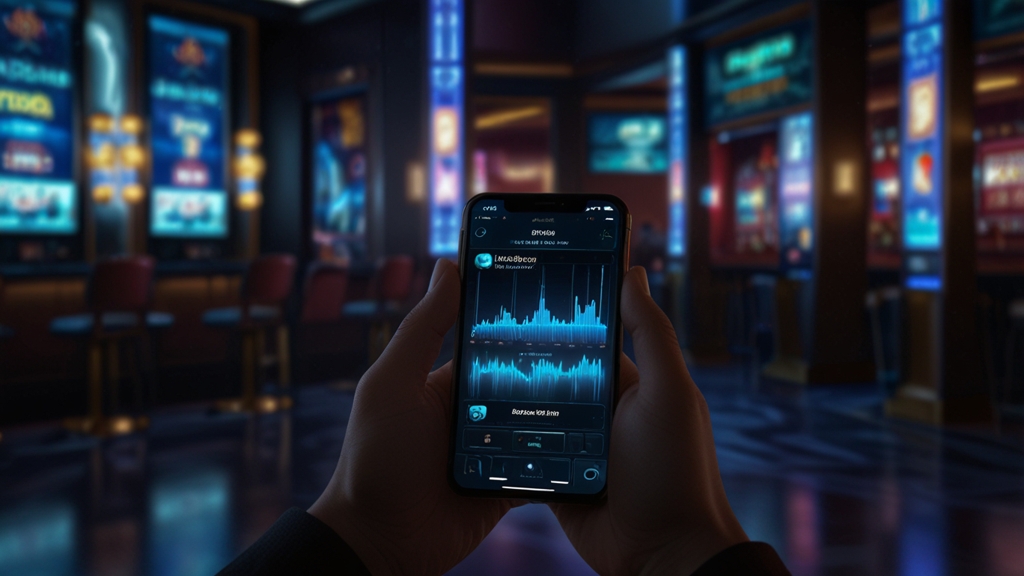 Smartphone met app-download en installatie op mobiel in een donkere casino-omgeving