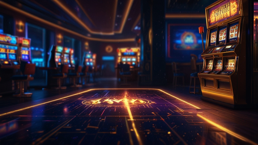 Casino met gratis bonus en slotmachine in een donkere neonstijl