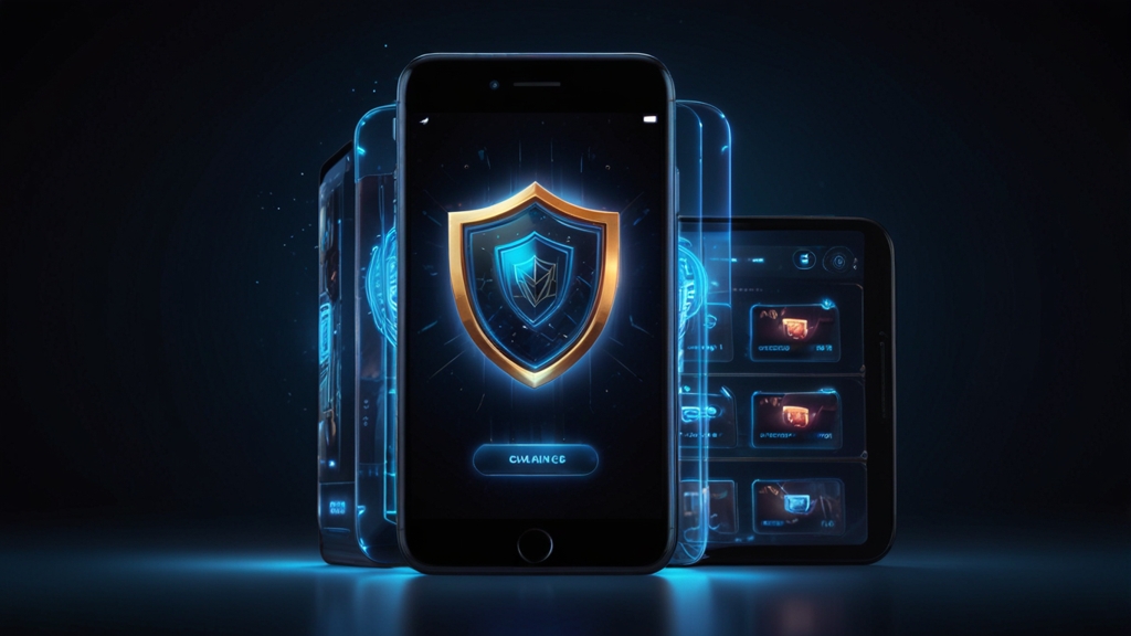 Veilige mobiele app met schildicoon en controlepunten op een donkere casinotafel